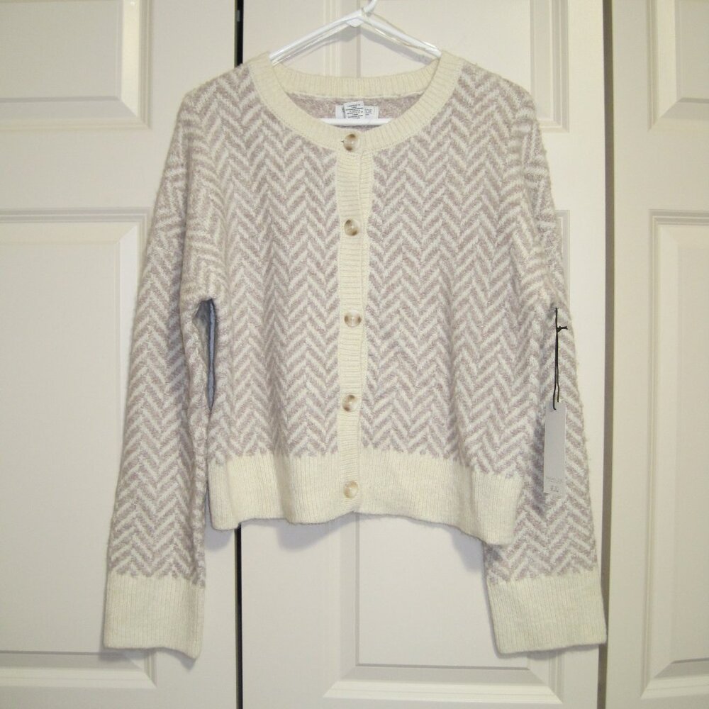 NWT Rachel Zoe Ivory and Light Gray Herringbone Cardigan